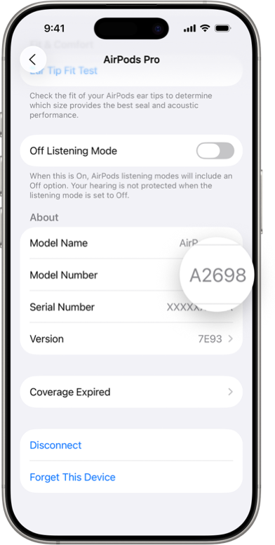 AirPods model number in the Bluetooth settings of an iPhone